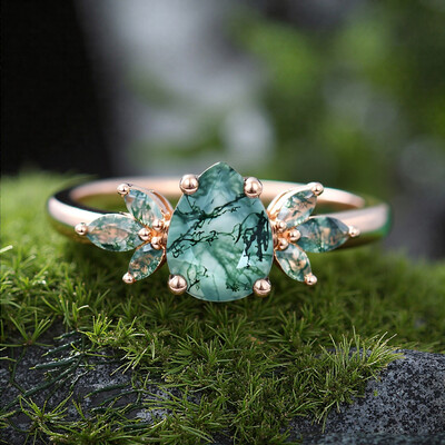 1.38CT Pear & Marquise Cut Moss Agate S925 Silver Engagement Ring