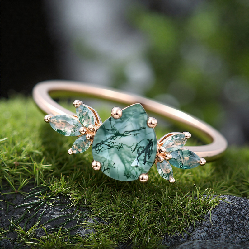 1.38CT Pear & Marquise Cut Moss Agate S925 Silver Engagement Ring