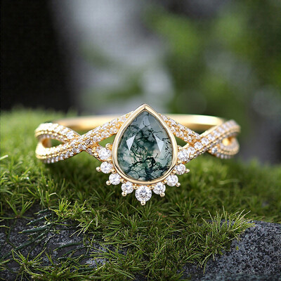 1.53CT Pear Cut Moss Agate & Round Cut Moissanite S925 Silver Engagement Ring