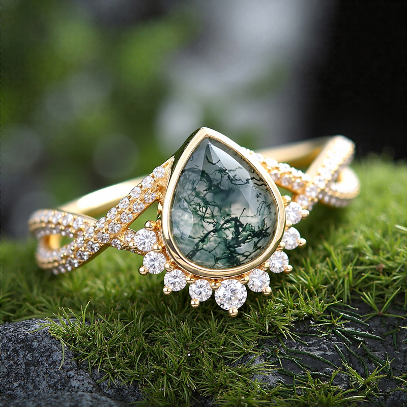 1.53CT Pear Cut Moss Agate & Round Cut Moissanite S925 Silver Twisted Pavé Shank Engagement Ring