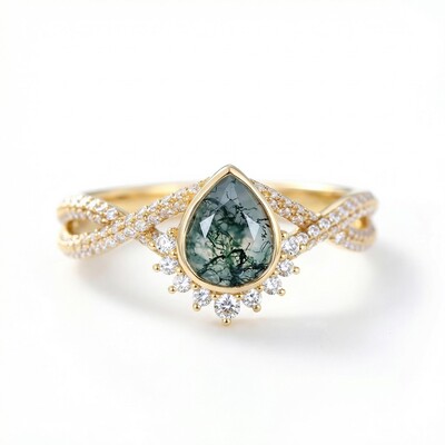 1.53CT Pear Cut Moss Agate & Round Cut Moissanite S925 Silver Twisted Pavé Shank Engagement Ring 1.53CT Pear Cut Moss Agate & Round Cut Moissanite S925 Silver Twisted Pavé Shank Engagement Ring