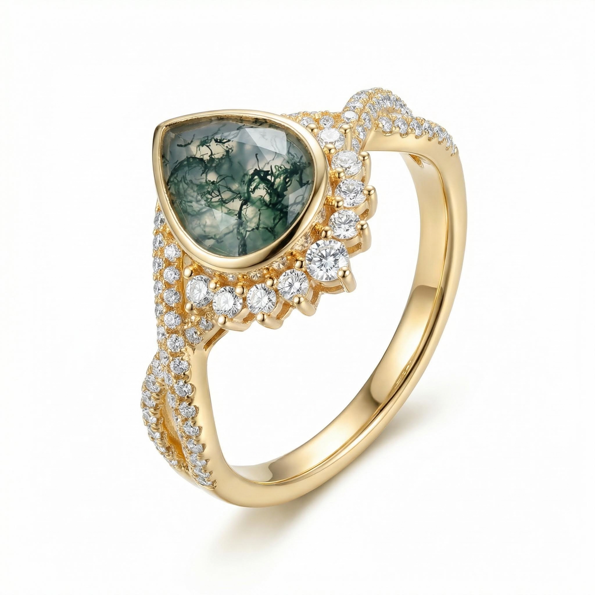 1.53CT Pear Cut Moss Agate & Round Cut Moissanite S925 Silver Twisted Pavé Shank Engagement Ring