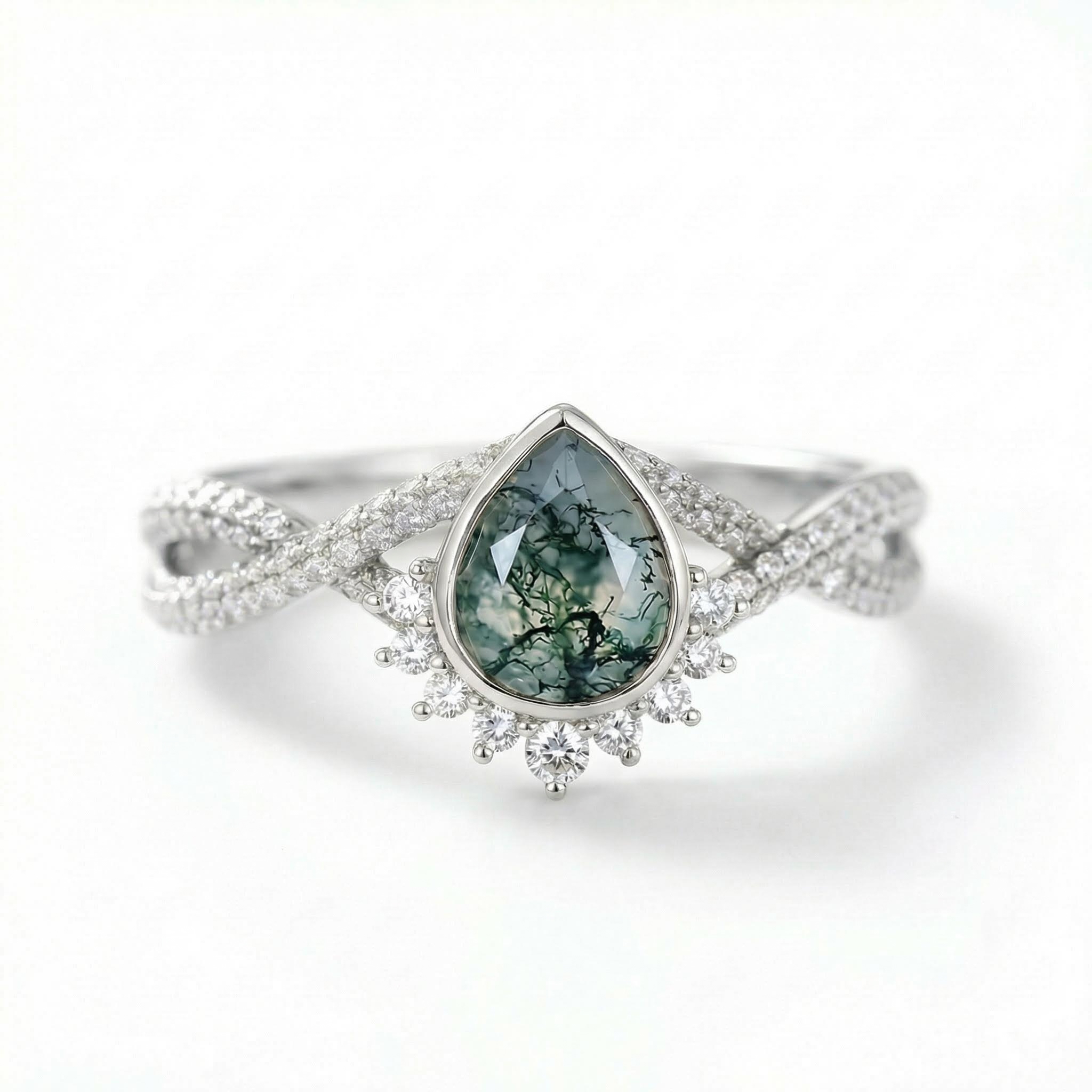 1.53CT Pear Cut Moss Agate & Round Cut Moissanite S925 Silver Twisted Pavé Shank Engagement Ring