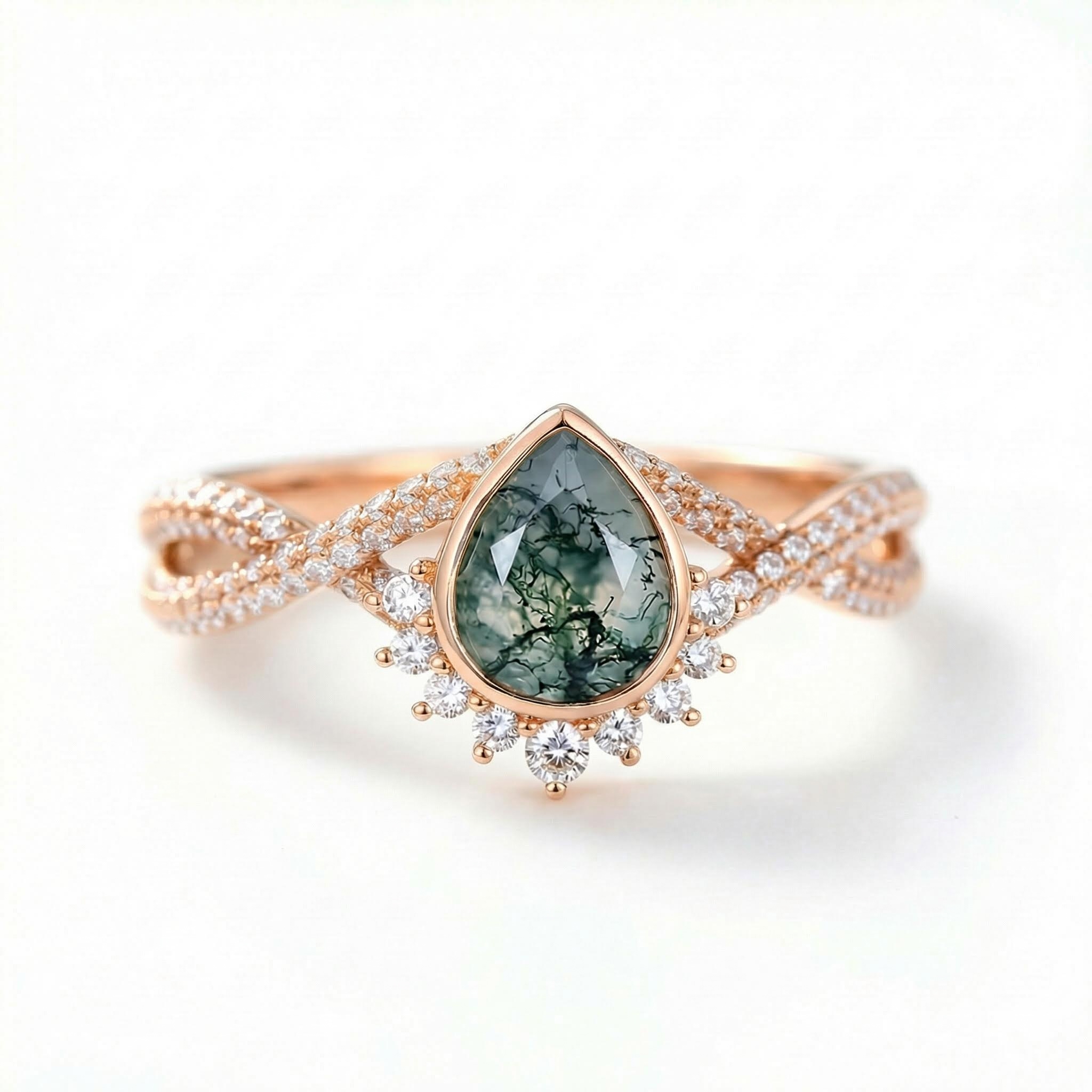 1.53CT Pear Cut Moss Agate & Round Cut Moissanite S925 Silver Twisted Pavé Shank Engagement Ring
