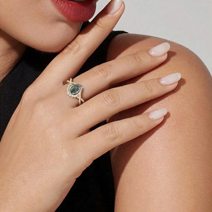 1.53CT Pear Cut Moss Agate & Round Cut Moissanite S925 Silver Twisted Pavé Shank Engagement Ring