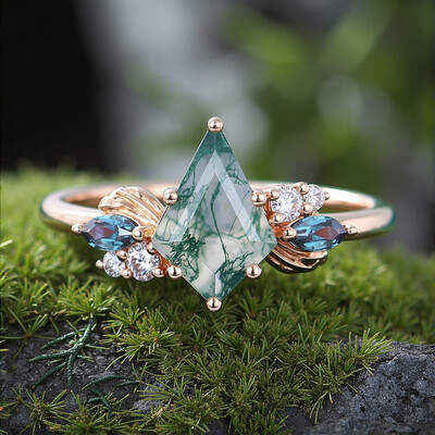 1.44CT Kite Cut Moss Agate & Round Cut Moissanite S925 Silver Engagement Ring