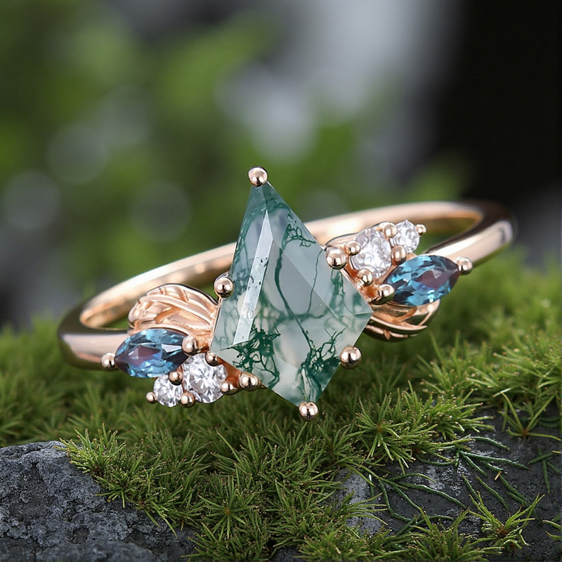 1.44CT Kite Cut Moss Agate & Round Cut Moissanite S925 Silver Nature Inspired Cluster Engagement Ring