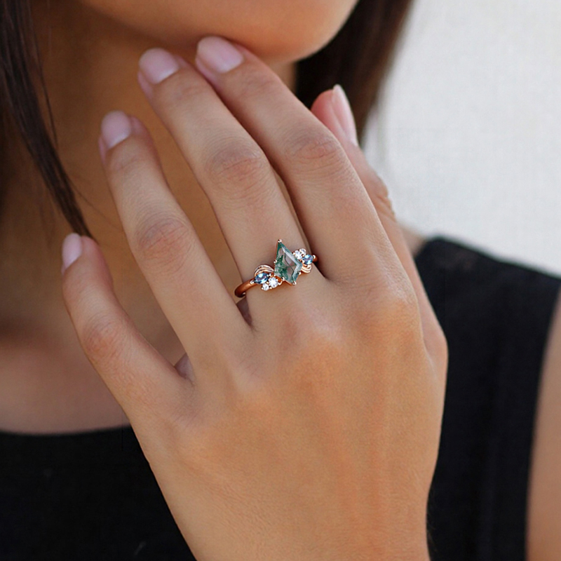 1.44CT Kite Cut Moss Agate & Round Cut Moissanite S925 Silver Nature Inspired Cluster Engagement Ring