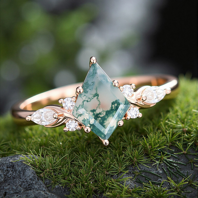 1.38CT Kite Cut Moss Agate With Moissanite Side Stone S925 Silver Engagement Ring