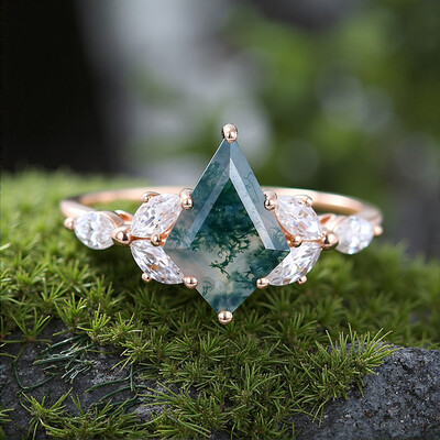 1.5CT Kite Cut Moss Agate & Marquise Cut Moissanite S925 Silver Engagement Ring