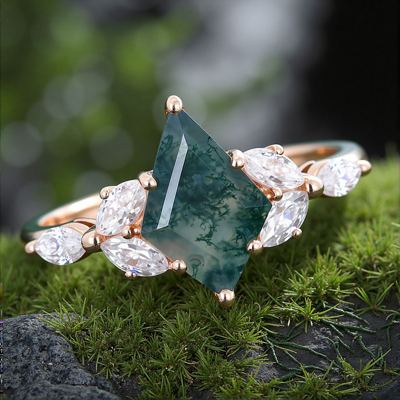 1.5CT Kite Cut Moss Agate with Whale Tail Side Moissanite S925 Silver Engagement Ring