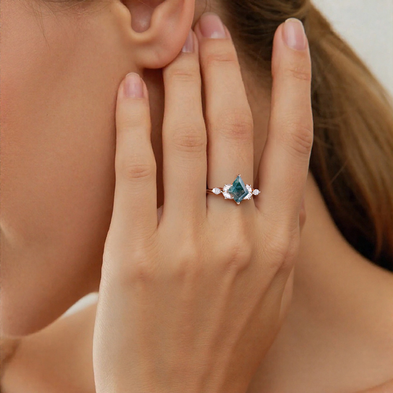 1.5CT Kite Cut Moss Agate with Whale Tail Side Moissanite S925 Silver Engagement Ring