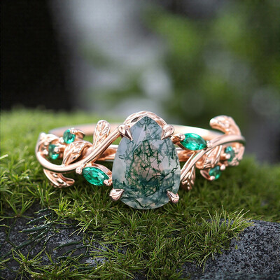 1.32CT Pear Cut Moss Agate & Round Cut Diamond S925 Silver Engagement Ring