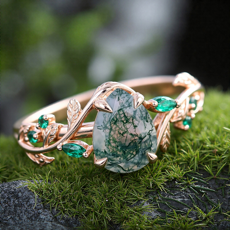 1.32CT Pear Cut Moss Agate Nature Inspired Leaf S925 Silver Engagement Ring