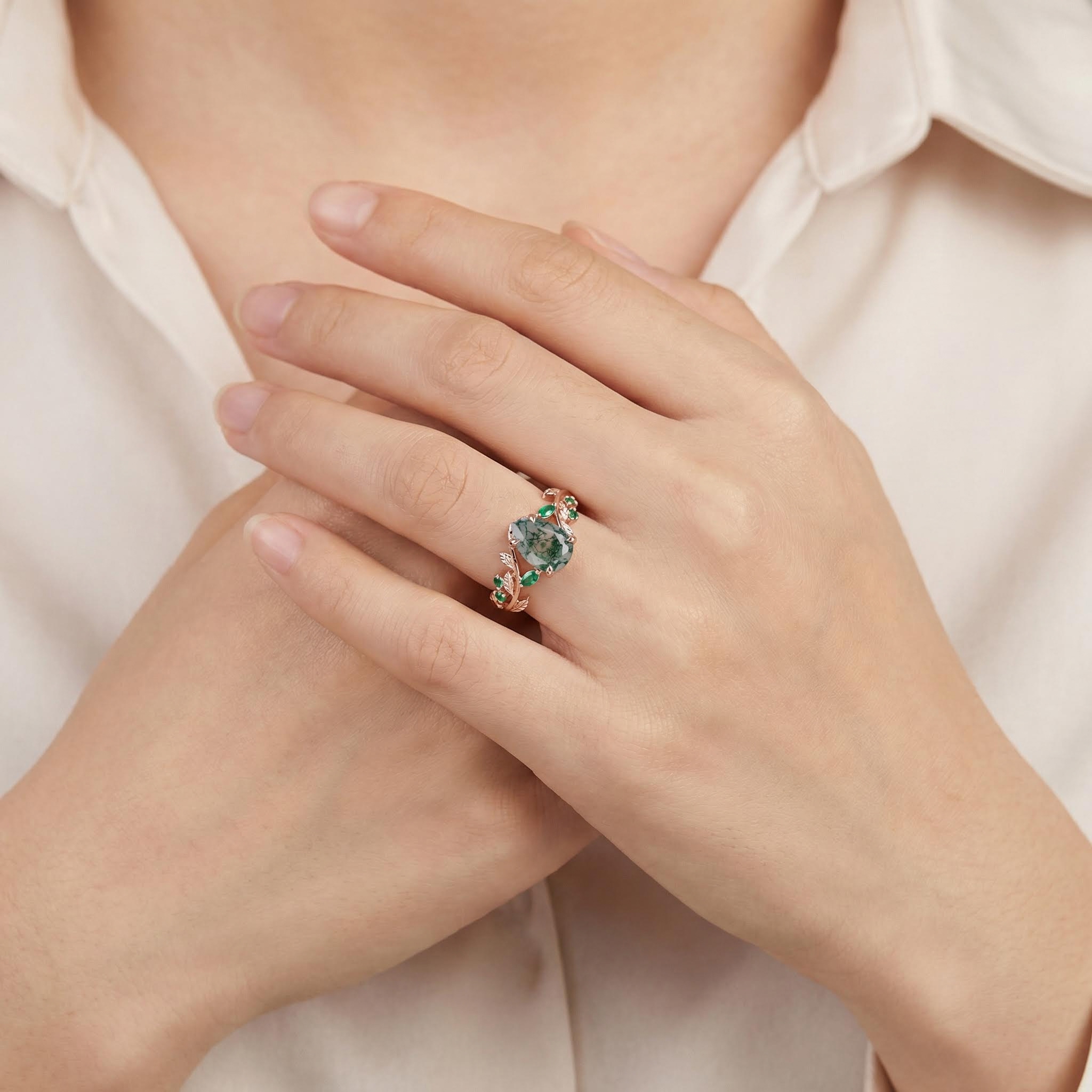 1.32CT Pear Cut Moss Agate Nature Inspired Leaf S925 Silver Engagement Ring