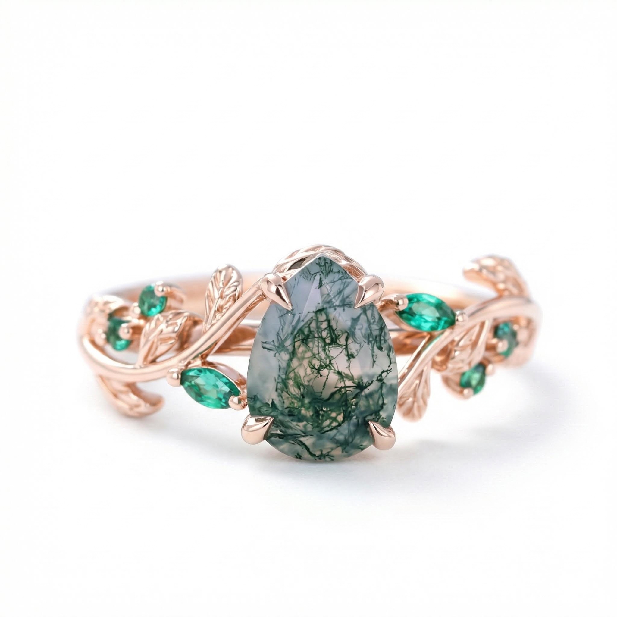 1.32CT Pear Cut Moss Agate Nature Inspired Leaf S925 Silver Engagement Ring