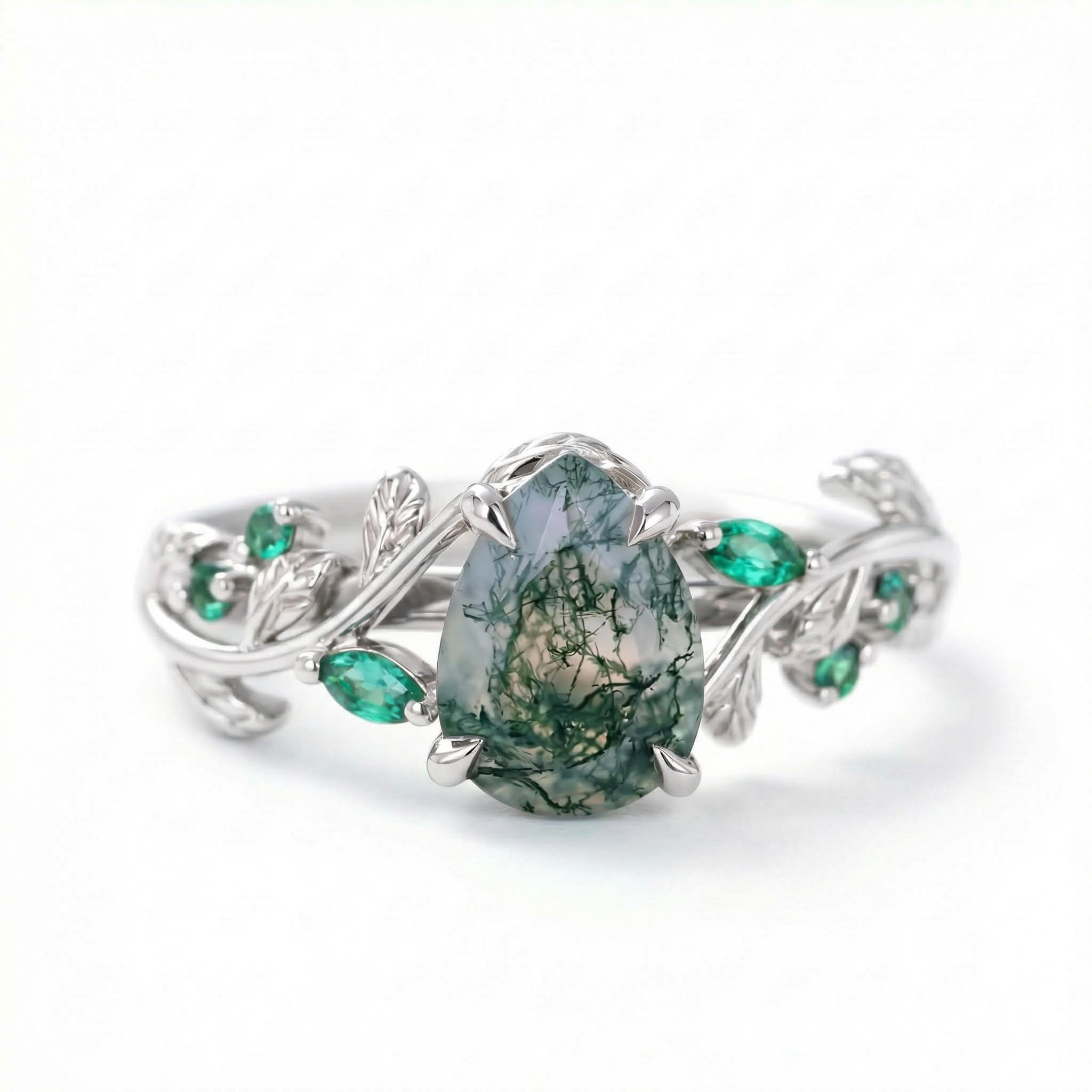 1.32CT Pear Cut Moss Agate Nature Inspired Leaf S925 Silver Engagement Ring