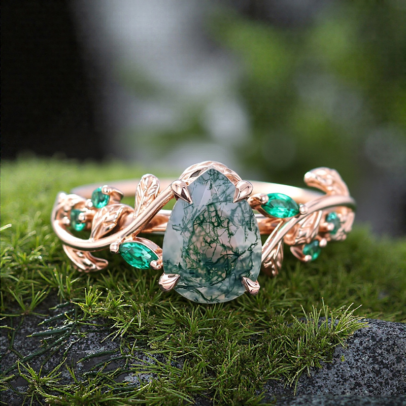 1.32CT Pear Cut Moss Agate Nature Inspired Leaf S925 Silver Engagement Ring