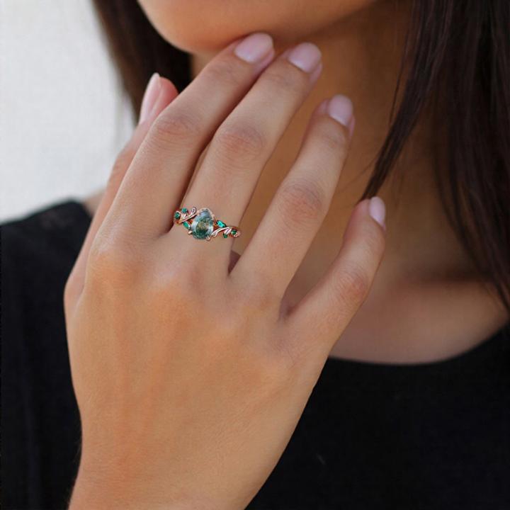 1.32CT Pear Cut Moss Agate Nature Inspired Leaf S925 Silver Engagement Ring