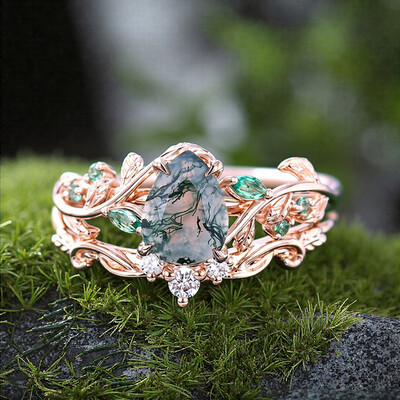 1.38CT Pear Cut Moss Agate & Round Cut Diamond S925 Silver Engagement Ring Set