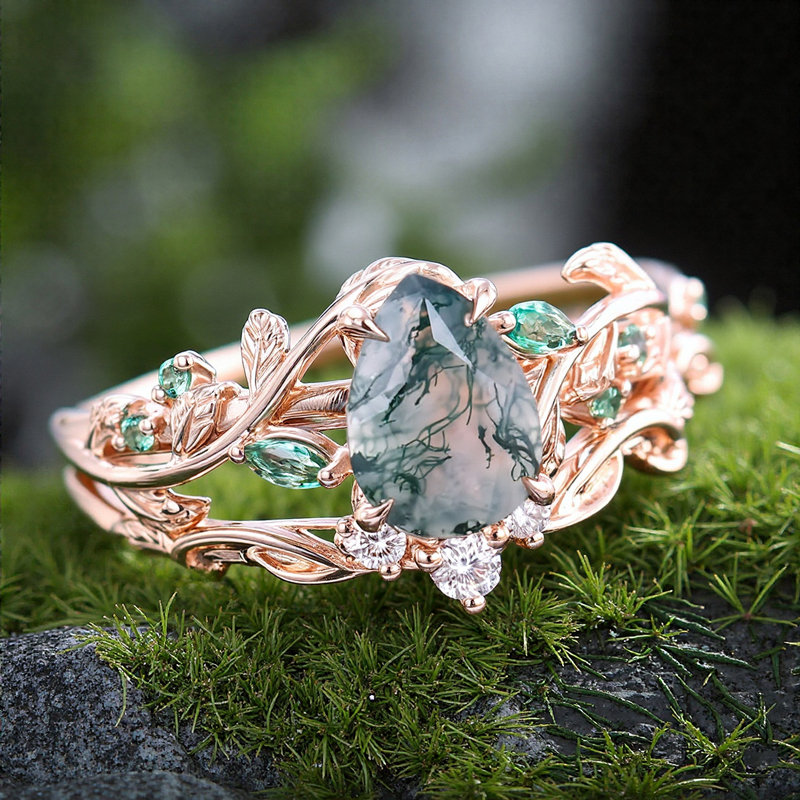 1.38CT Pear Cut Moss Agate & Round Cut Diamond S925 Silver Nature Inspired Leaf Engagement Ring Set