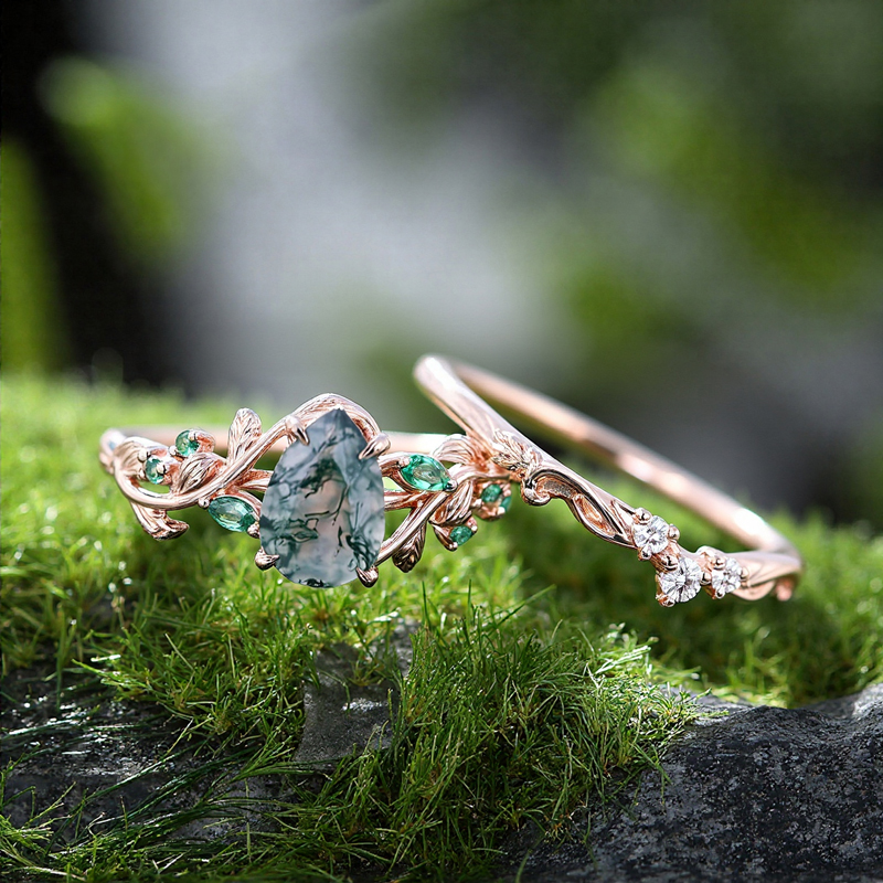 1.38CT Pear Cut Moss Agate & Round Cut Diamond S925 Silver Nature Inspired Leaf Engagement Ring Set