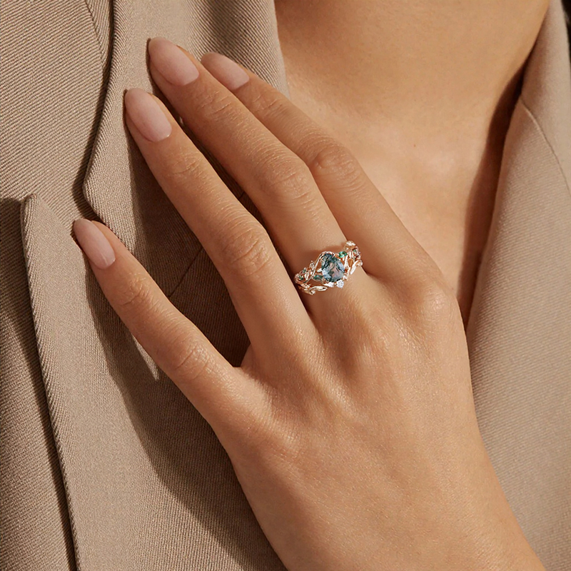 1.38CT Pear Cut Moss Agate & Round Cut Diamond S925 Silver Nature Inspired Leaf Engagement Ring Set