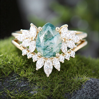 1.8CT Pear Cut Moss Agate & Marquise Cut Moissanite S925 Silver Engagement Ring Set