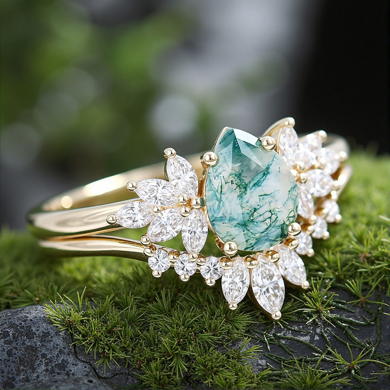 1.8CT Pear Cut Moss Agate & Marquise Cut Moissanite S925 Silver Engagement Ring Set