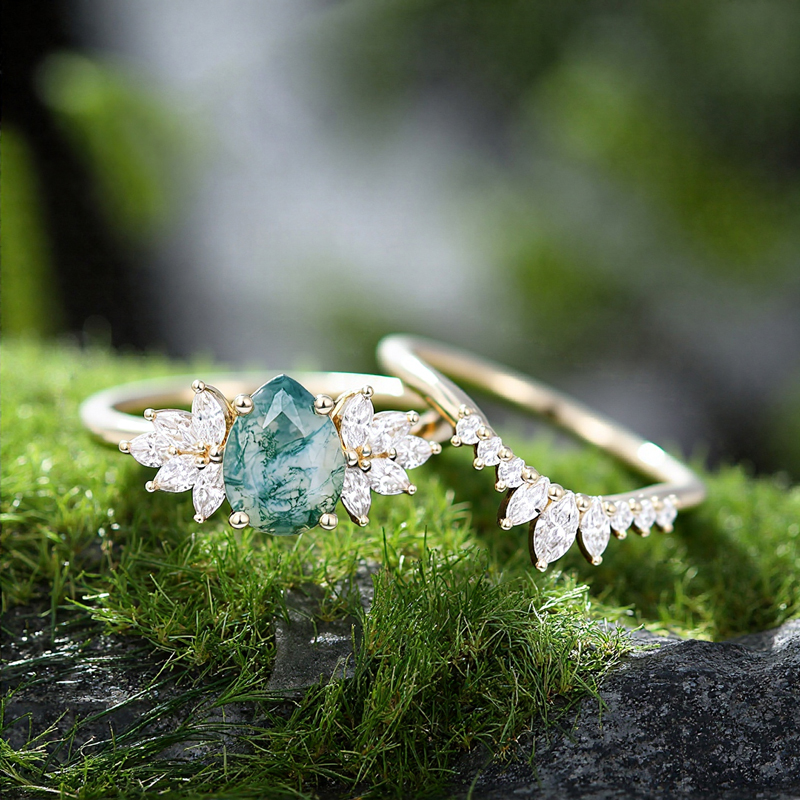 1.8CT Pear Cut Moss Agate & Marquise Cut Moissanite S925 Silver Engagement Ring Set