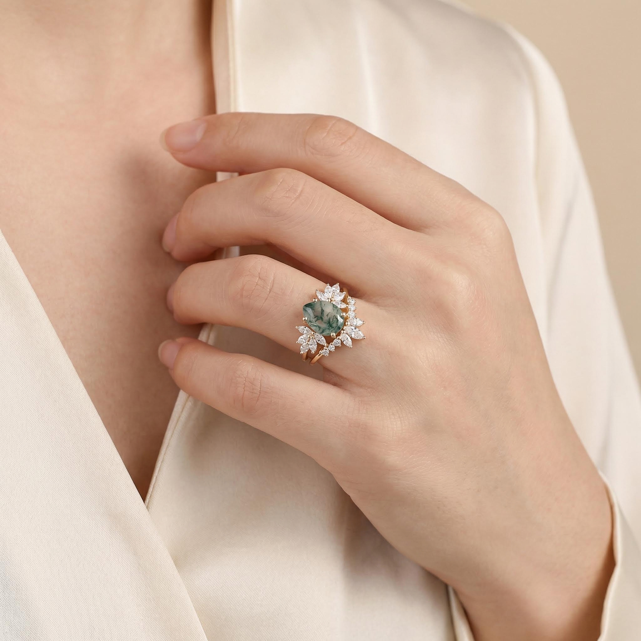 1.8CT Pear Cut Moss Agate & Marquise Cut Moissanite S925 Silver Engagement Ring Set