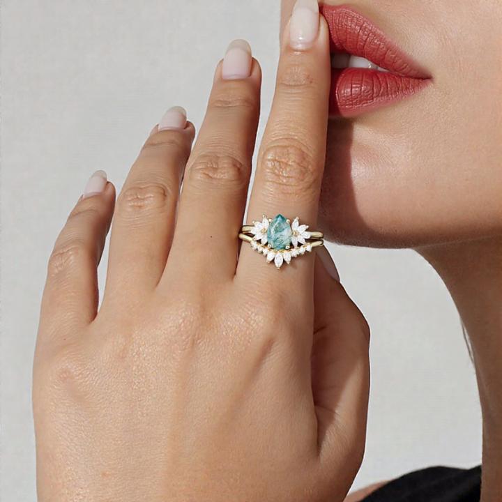 1.8CT Pear Cut Moss Agate & Marquise Cut Moissanite S925 Silver Engagement Ring Set