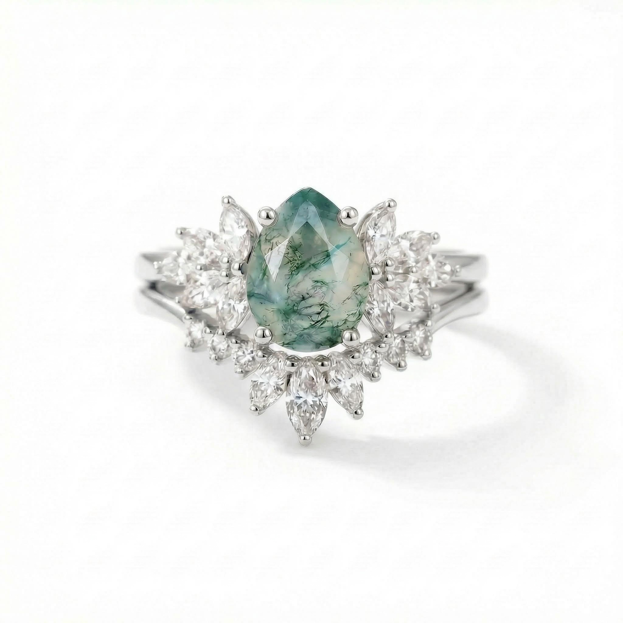 1.8CT Pear Cut Moss Agate & Marquise Cut Moissanite S925 Silver Engagement Ring Set
