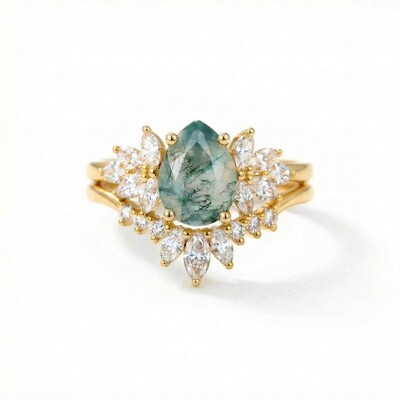 1.8CT Pear Cut Moss Agate & Marquise Cut Moissanite S925 Silver Engagement Ring Set 1.8CT Pear Cut Moss Agate & Marquise Cut Moissanite S925 Silver Engagement Ring Set