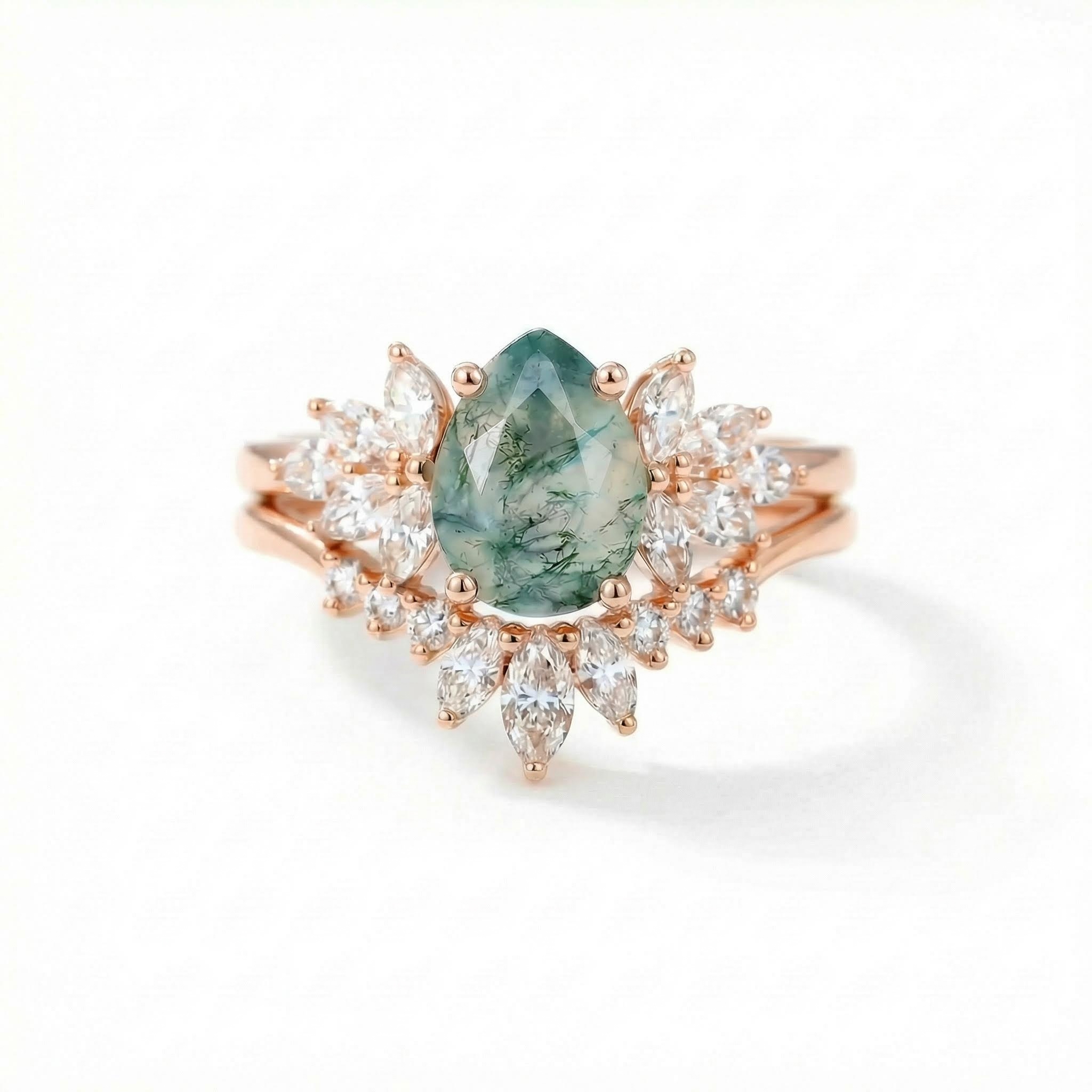 1.8CT Pear Cut Moss Agate & Marquise Cut Moissanite S925 Silver Engagement Ring Set