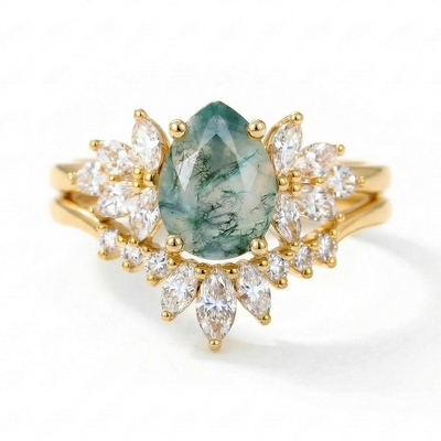 1.8CT Pear Cut Moss Agate & Marquise Cut Moissanite S925 Silver Engagement Ring Set