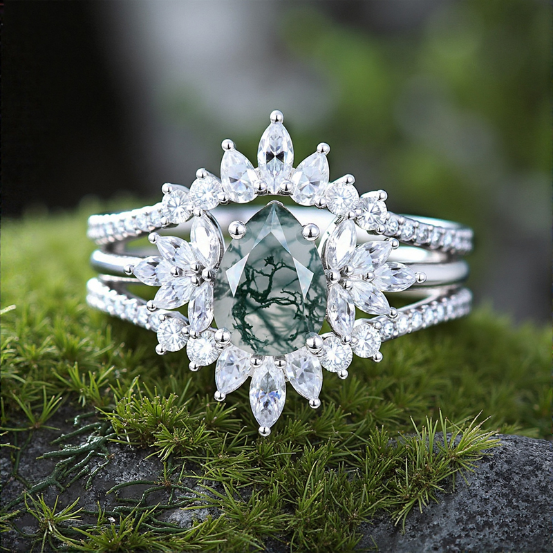 2.14CT Pear Cut Moss Agate & Round Cut Moissanite S925 Silver Unique Engagement Ring Set