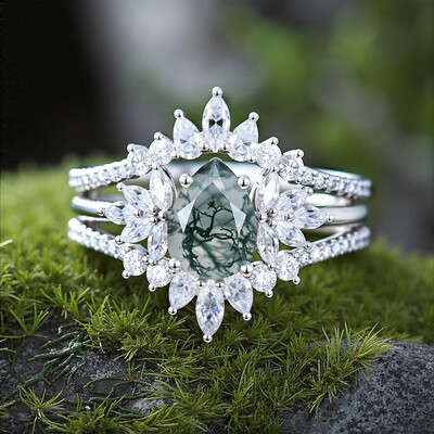 2.14CT Pear Cut Moss Agate & Round Cut Moissanite S925 Silver Engagement Ring Set