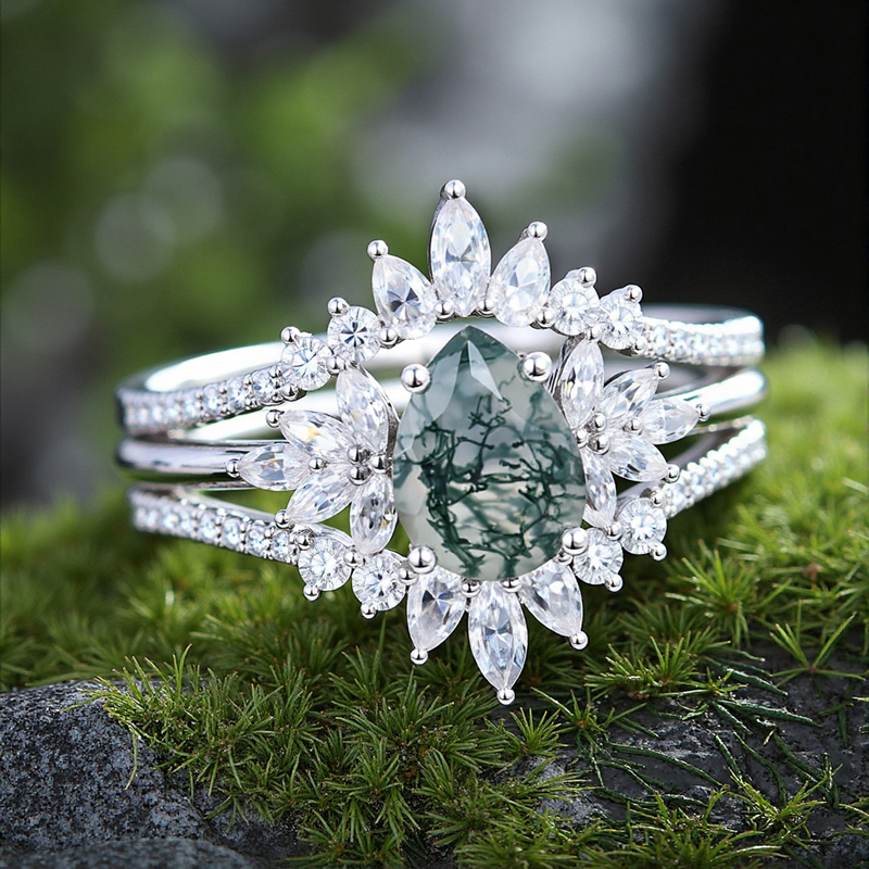 2.14CT Pear Cut Moss Agate & Round Cut Moissanite S925 Silver Unique Engagement Ring Set