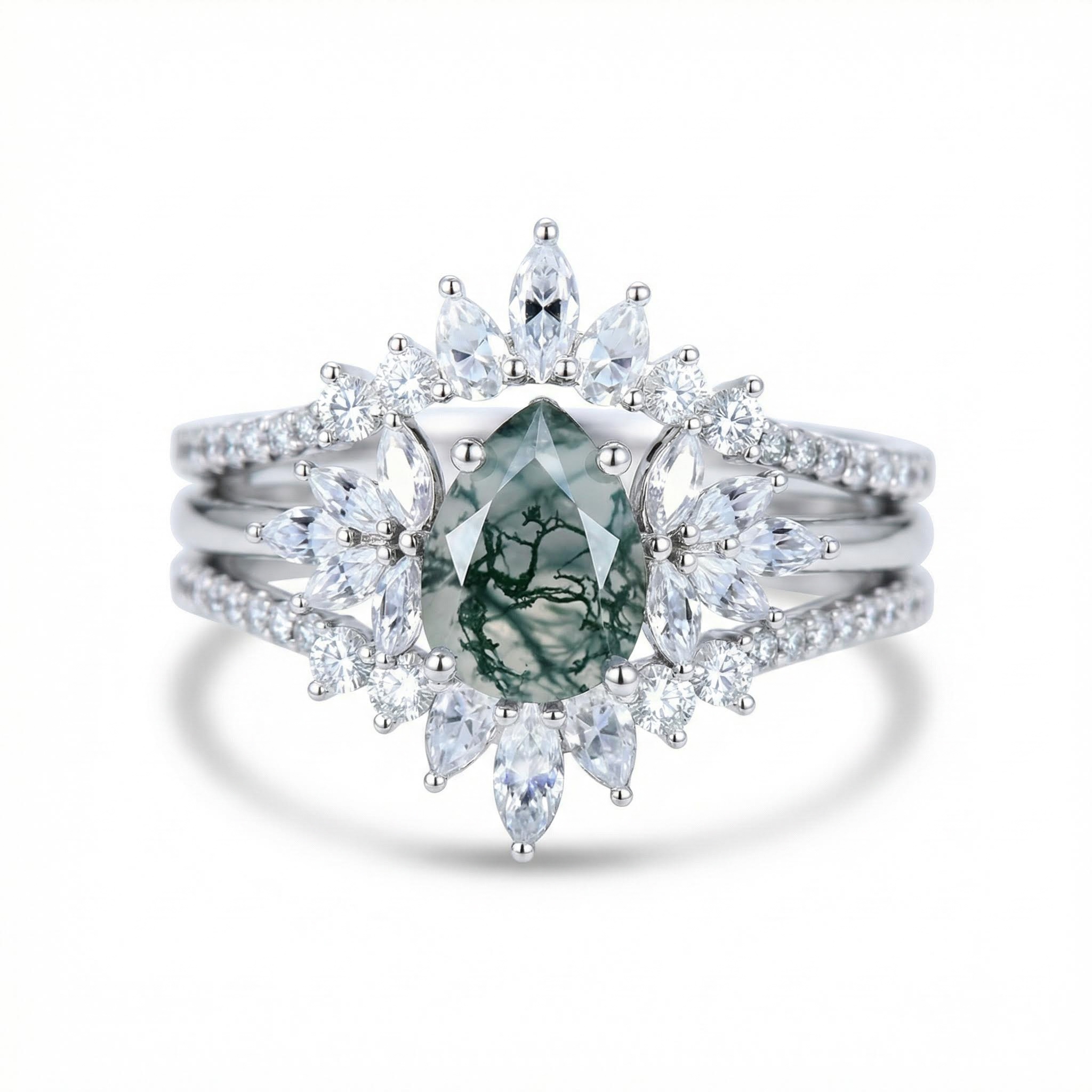 2.14CT Pear Cut Moss Agate & Round Cut Moissanite S925 Silver Unique Engagement Ring Set