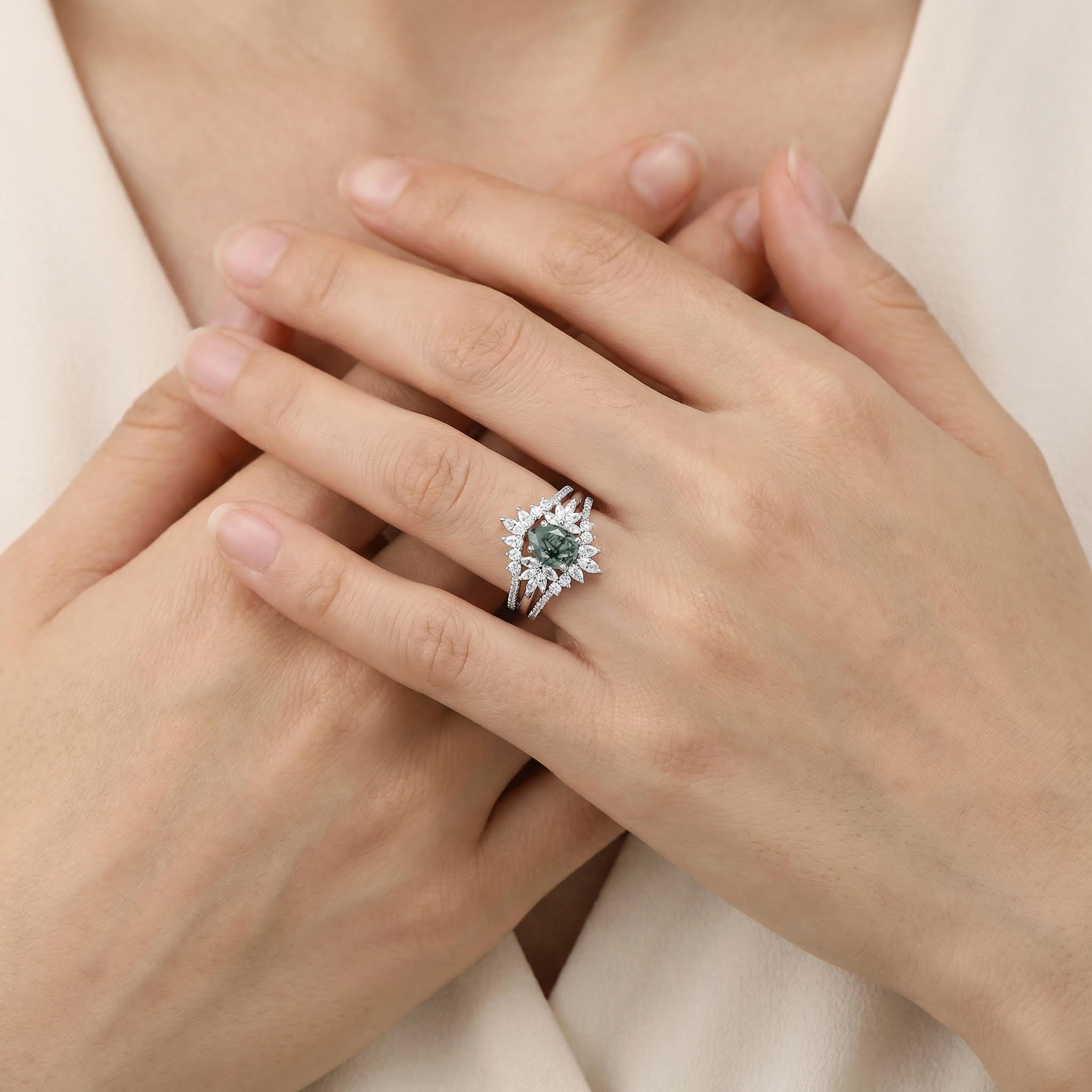 2.14CT Pear Cut Moss Agate & Round Cut Moissanite S925 Silver Unique Engagement Ring Set