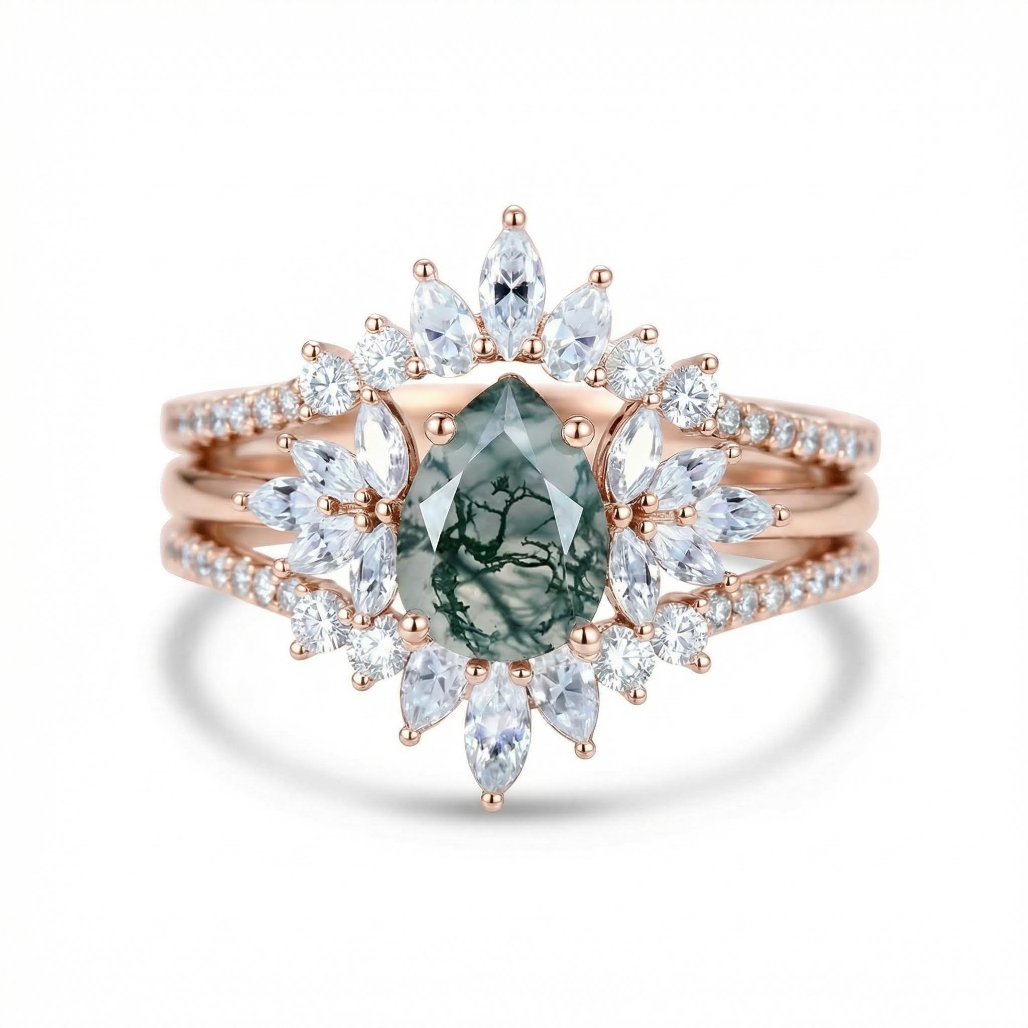 2.14CT Pear Cut Moss Agate & Round Cut Moissanite S925 Silver Unique Engagement Ring Set