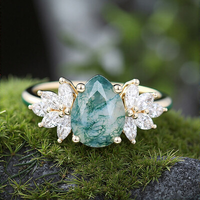 1.5CT Pear Cut Moss Agate & Marquise Cut Moissanite S925 Silver Engagement Ring