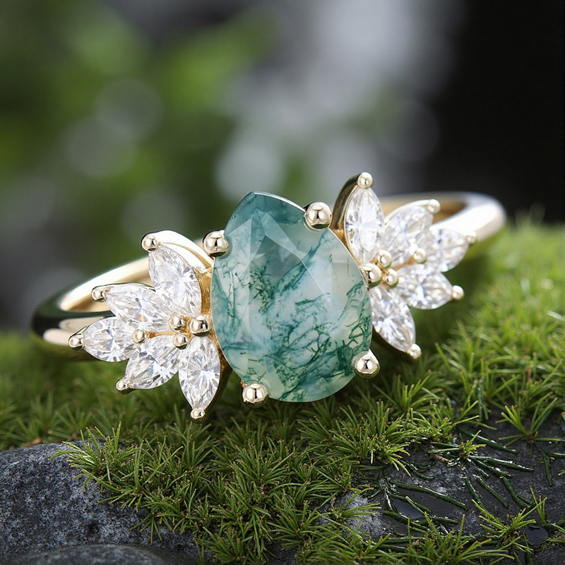 1.5CT Pear Cut Moss Agate & Marquise Cut Moissanite S925 Silver Engagement Ring