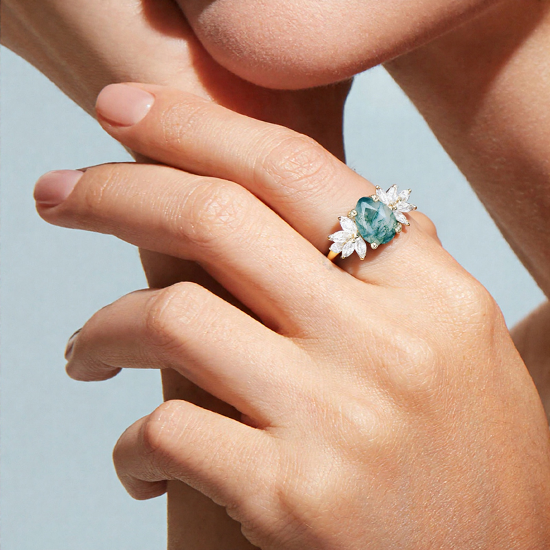 1.5CT Pear Cut Moss Agate & Marquise Cut Moissanite S925 Silver Engagement Ring