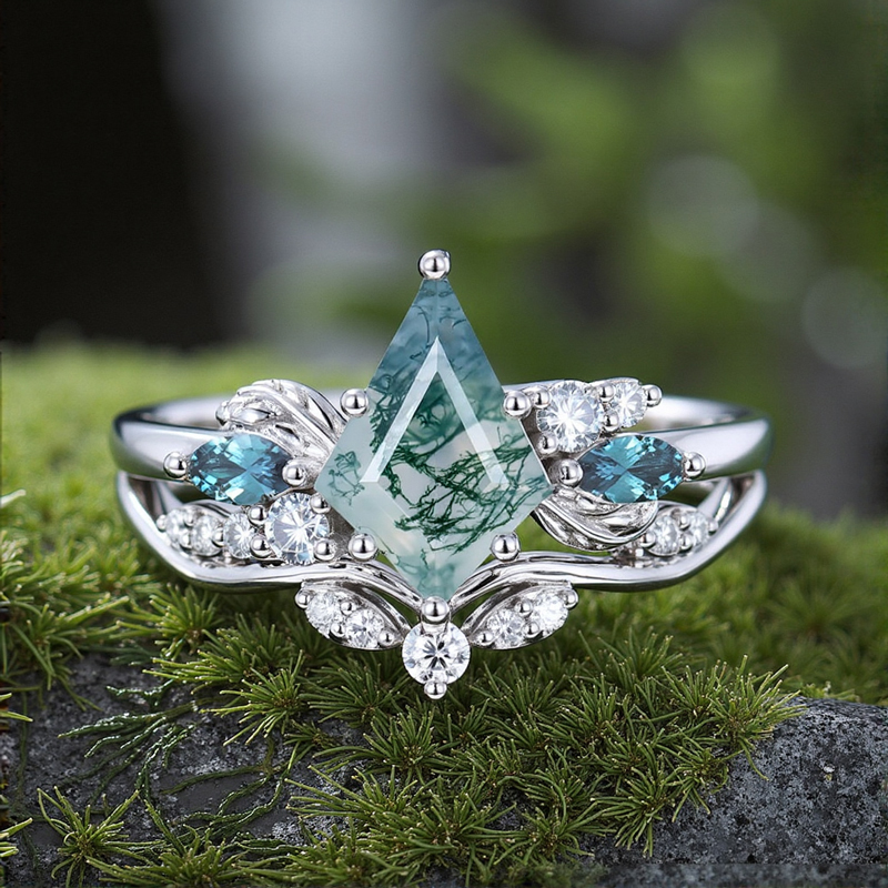 1.51CT Kite Cut Moss Agate & Round Cut Moissanite S925 Silver Cluster Bridal Engagement Ring Set