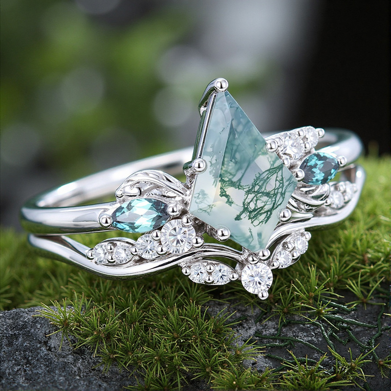 1.51CT Kite Cut Moss Agate & Round Cut Moissanite S925 Silver Cluster Bridal Engagement Ring Set