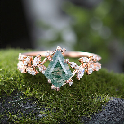 1.54CT Kite Cut Moss Agate & Round Cut Moissanite S925 Silver Engagement Ring