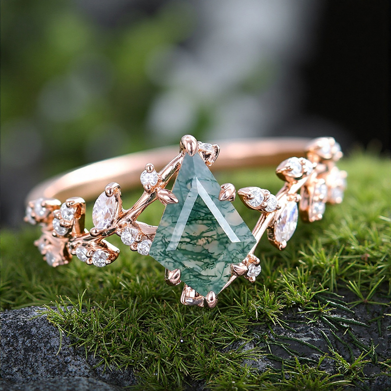 1.54CT Kite Cut Moss Agate & Round Cut Moissanite S925 Silver Nature Themed Engagement Ring