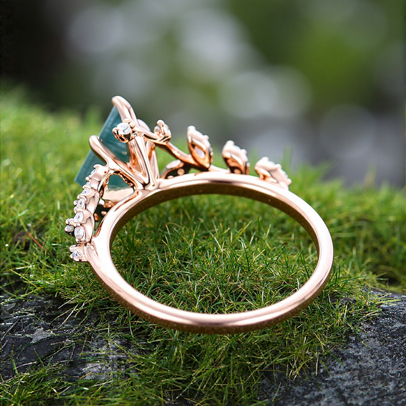 1.54CT Kite Cut Moss Agate & Round Cut Moissanite S925 Silver Nature Themed Engagement Ring